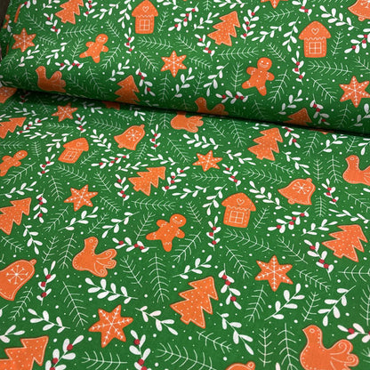 Green & White Gingerbread & Mistletoe Printed Polycotton Fabric