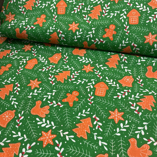 Green & White Gingerbread & Mistletoe Printed Polycotton Fabric
