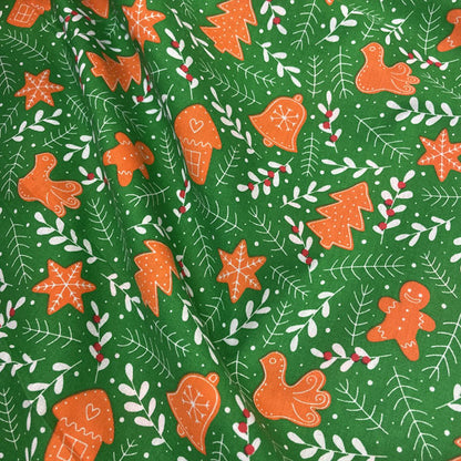 Green & White Gingerbread & Mistletoe Printed Polycotton Fabric