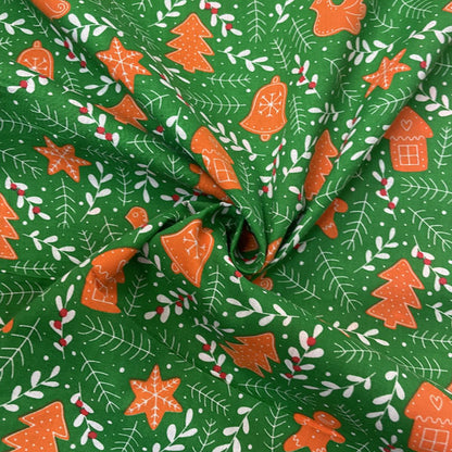 Green & White Gingerbread & Mistletoe Printed Polycotton Fabric