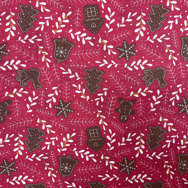 Red & White Gingerbread & Mistletoe Printed Polycotton Fabric