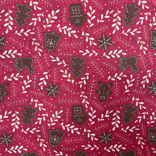 Red & White Gingerbread & Mistletoe Printed Polycotton Fabric