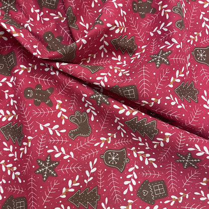 Red & White Gingerbread & Mistletoe Printed Polycotton Fabric