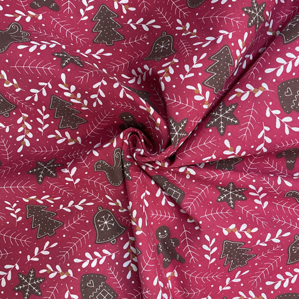Red & White Gingerbread & Mistletoe Printed Polycotton Fabric