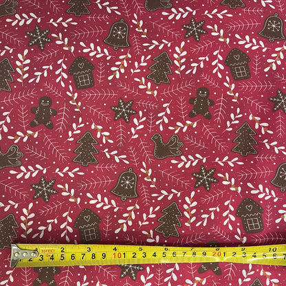 Red & White Gingerbread & Mistletoe Printed Polycotton Fabric