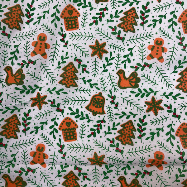 White & Green Gingerbread & Mistletoe Printed Polycotton Fabric