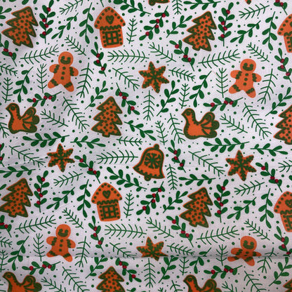 White & Green Gingerbread & Mistletoe Printed Polycotton Fabric