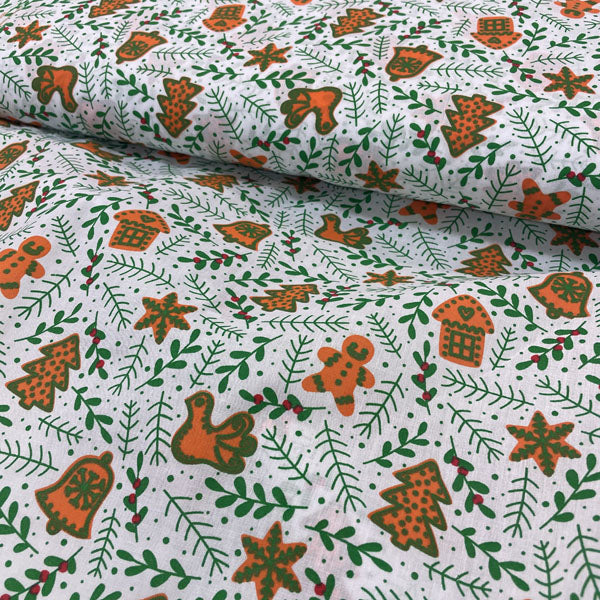 White & Green Gingerbread & Mistletoe Printed Polycotton Fabric