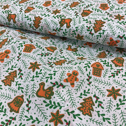 White & Green Gingerbread & Mistletoe Printed Polycotton Fabric
