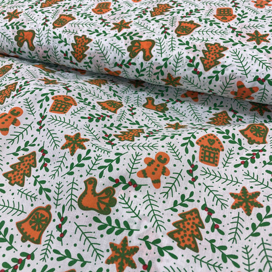 White & Green Gingerbread & Mistletoe Printed Polycotton Fabric
