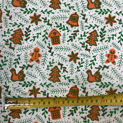 White & Green Gingerbread & Mistletoe Printed Polycotton Fabric