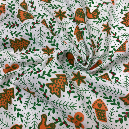 White & Green Gingerbread & Mistletoe Printed Polycotton Fabric