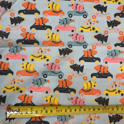 Ice Blue Driving Home for Christmas Printed Polycotton Fabric