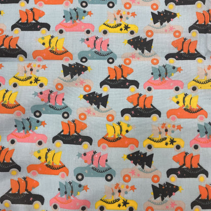 Ice Blue Driving Home for Christmas Printed Polycotton Fabric
