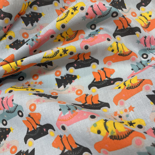 Ice Blue Driving Home for Christmas Printed Polycotton Fabric