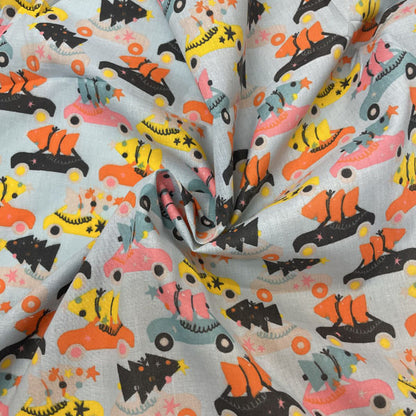 Ice Blue Driving Home for Christmas Printed Polycotton Fabric