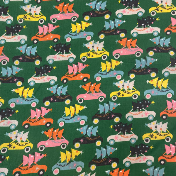 Forest Green Driving Home for Christmas Printed Polycotton Fabric