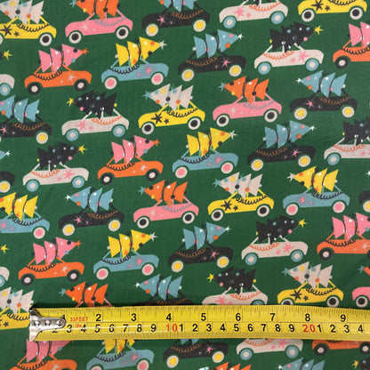 Forest Green Driving Home for Christmas Printed Polycotton Fabric