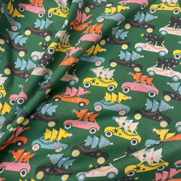 Forest Green Driving Home for Christmas Printed Polycotton Fabric