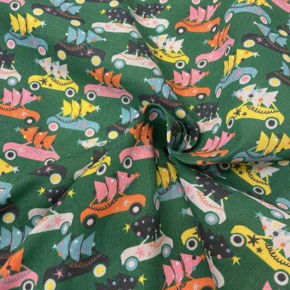 Forest Green Driving Home for Christmas Printed Polycotton Fabric