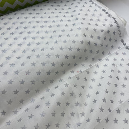 Metallic Silver Star Print White Cotton Deadstock Fabric