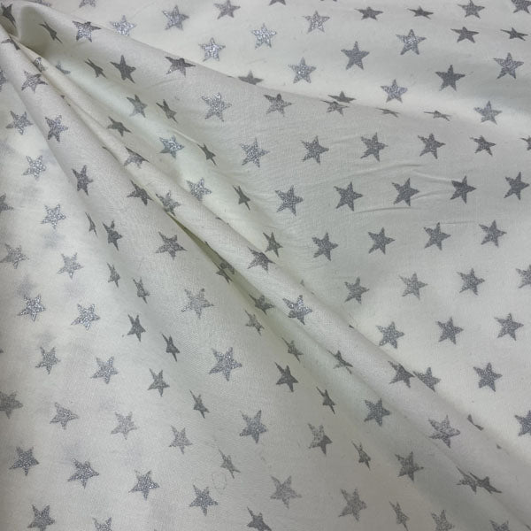 Metallic Silver Star Print White Cotton Deadstock Fabric