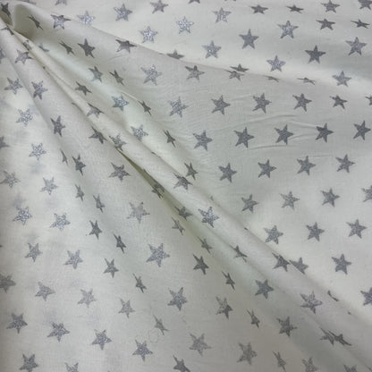Metallic Silver Star Print White Cotton Deadstock Fabric