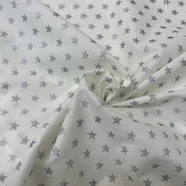 Metallic Silver Star Print White Cotton Deadstock Fabric