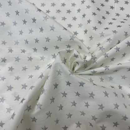 Metallic Silver Star Print White Cotton Deadstock Fabric