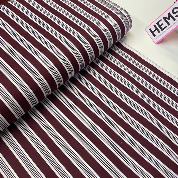 Wine, Navy & White Stripe 100% Cotton Deadstock Fabric