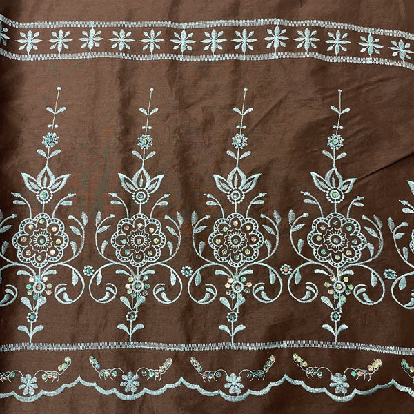 Brown Cotton with Turquoise Embroidered Sequin Border Deadstock Fabric