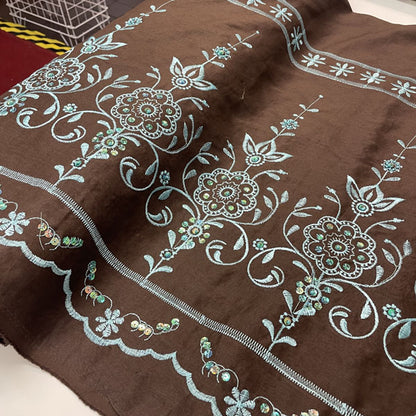 Brown Cotton with Turquoise Embroidered Sequin Border Deadstock Fabric
