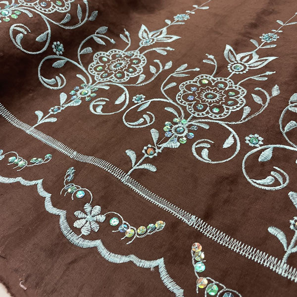 Brown Cotton with Turquoise Embroidered Sequin Border Deadstock Fabric