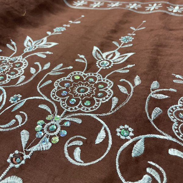 Brown Cotton with Turquoise Embroidered Sequin Border Deadstock Fabric