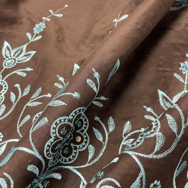 Brown Cotton with Turquoise Embroidered Sequin Border Deadstock Fabric
