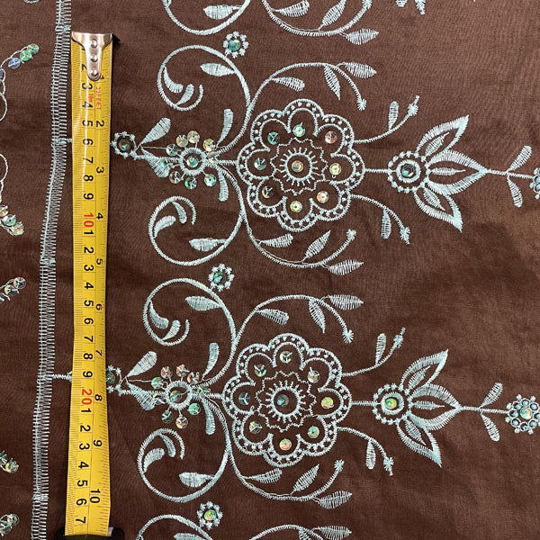 Brown Cotton with Turquoise Embroidered Sequin Border Deadstock Fabric