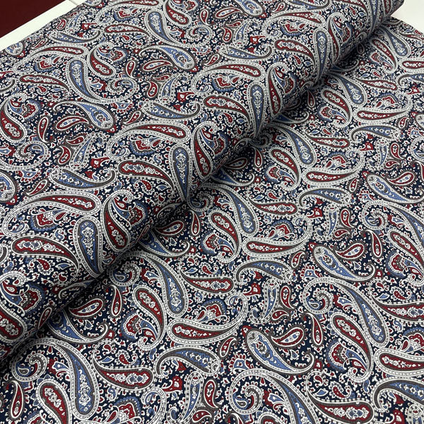 Burgundy & Navy Paisley Cotton Poplin Deadstock Fabric