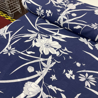 Deadstock Navy & White Large Floral Viscose Dress Fabric