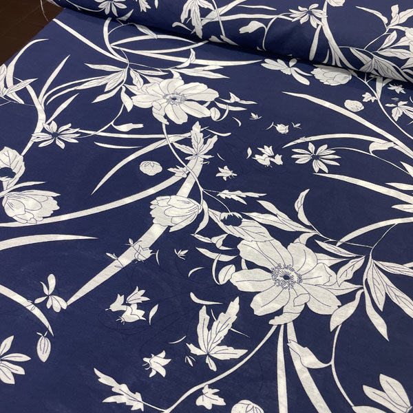 Deadstock Navy & White Large Floral Viscose Dress Fabric