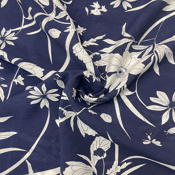 Deadstock Navy & White Large Floral Viscose Dress Fabric