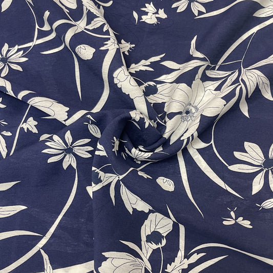 Deadstock Navy & White Large Floral Viscose Dress Fabric