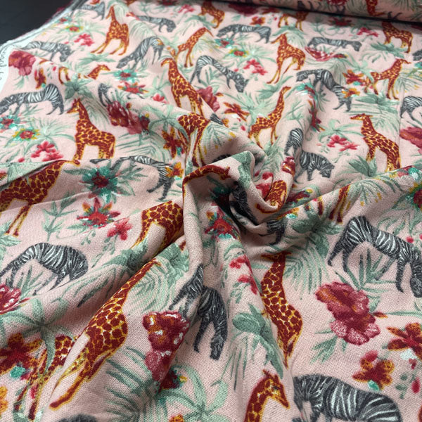 Deadstock Safari Animal Print Pink Linen Blend Fabric