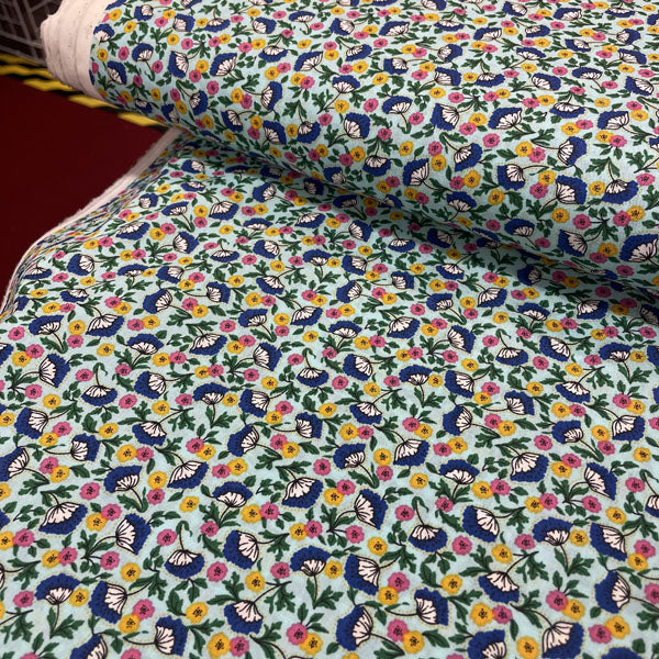 Deadstock Light Blue Floral Cotton Poplin Fabric – Pink, Orange & Green