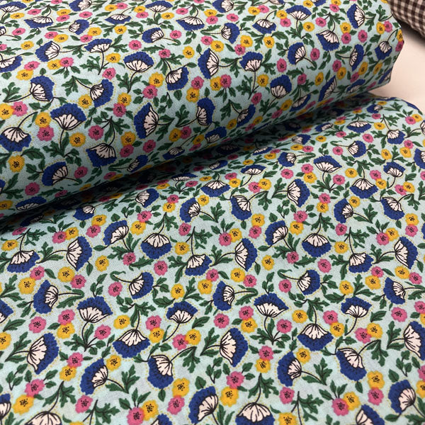 Deadstock Light Blue Floral Cotton Poplin Fabric – Pink, Orange & Green