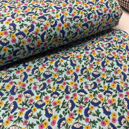 Deadstock Light Blue Floral Cotton Poplin Fabric – Pink, Orange & Green