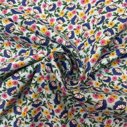 Deadstock Light Blue Floral Cotton Poplin Fabric – Pink, Orange & Green