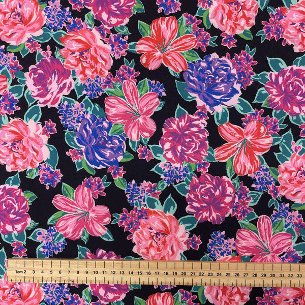 Deadstock Large Floral Black Polyester Stretch Fabric