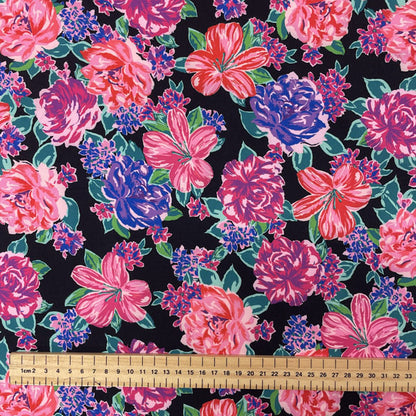 Deadstock Large Floral Black Polyester Stretch Fabric