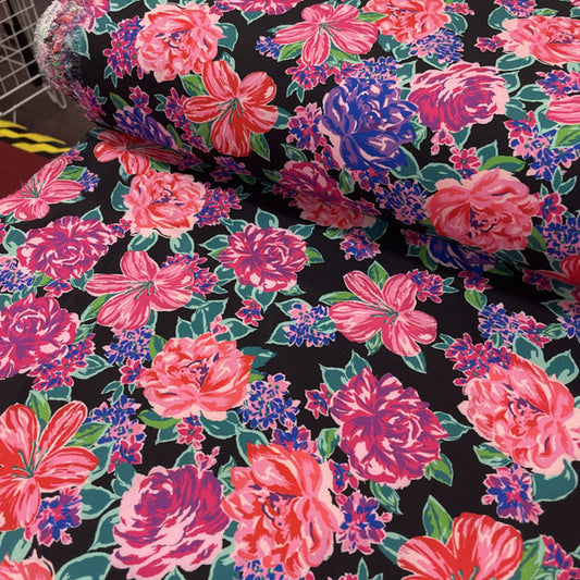 Deadstock Large Floral Black Polyester Stretch Fabric