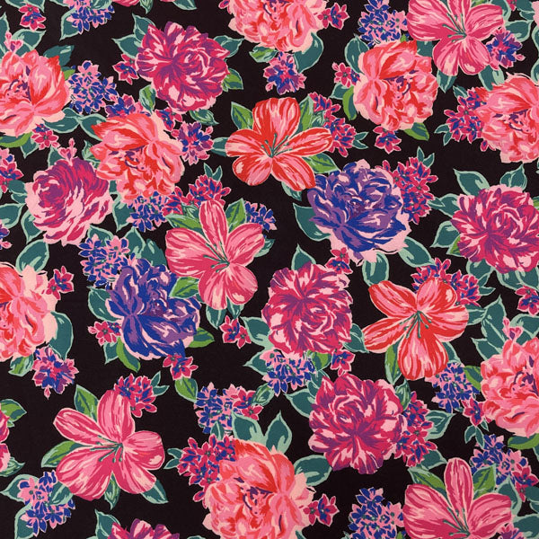 Deadstock Large Floral Black Polyester Stretch Fabric